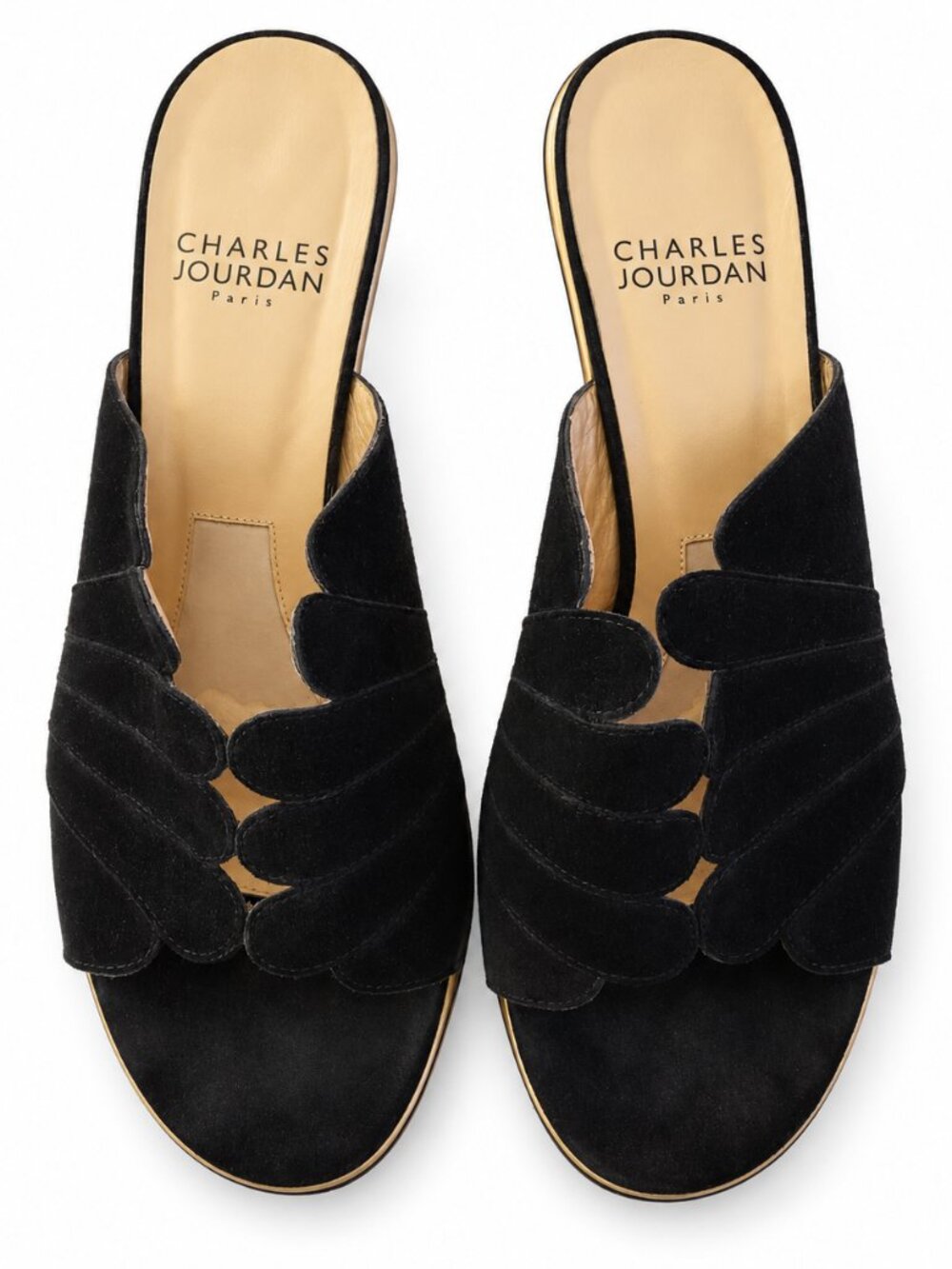 Vintage Charles Jourdan Paris Black Suede Mules Gold Heels Size 8M